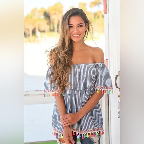 Entro Striped Off the Shoulder Tassel Blouse Top Shirt Boho - Picture 1 of 5